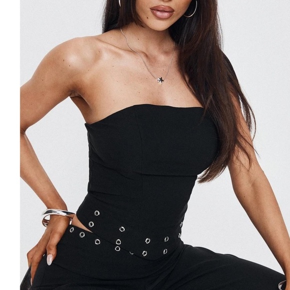 Princess Polly Passionette Strapless Top Black Corset Silver Eyelets - Picture 9 of 9